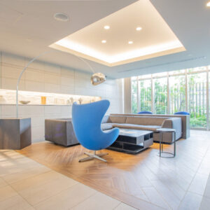 A Japanese apartment building waiting room photographed and tone mapped in HDR.